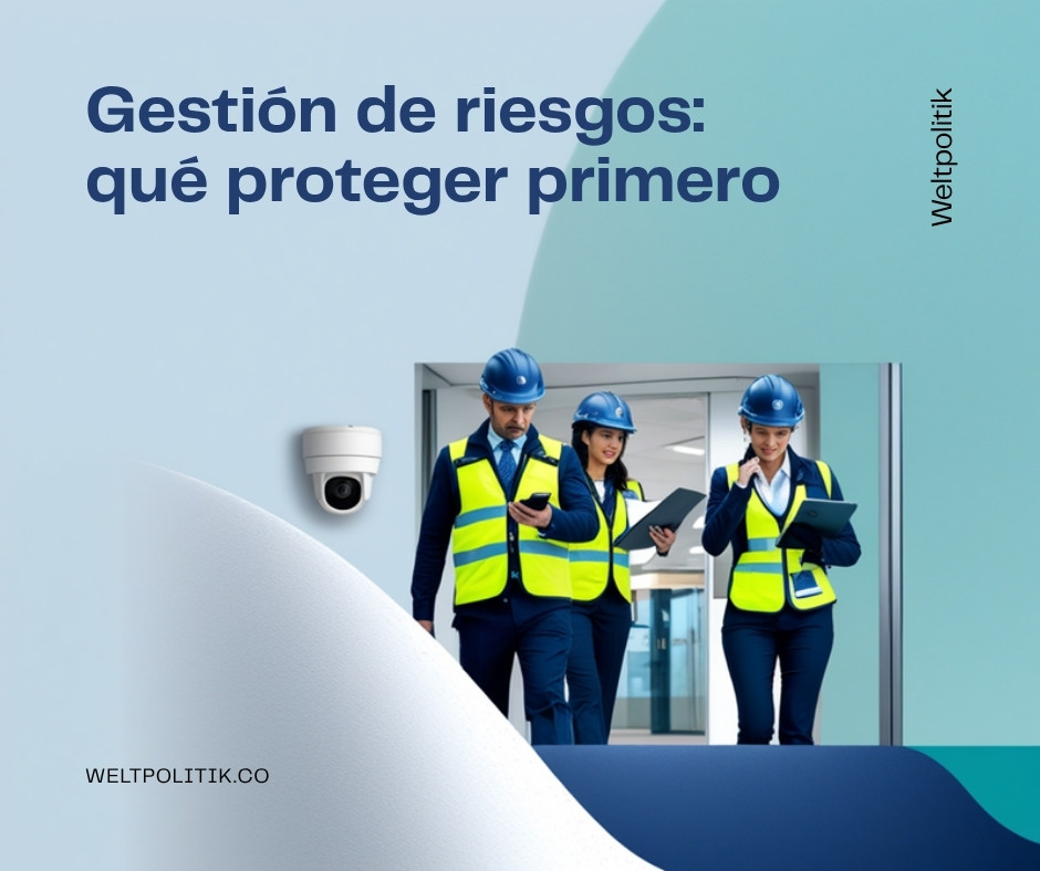 Tres profesionales con casco y chaleco revisan una lista de verificación en la entrada de un edificio, junto a una cámara de seguridad