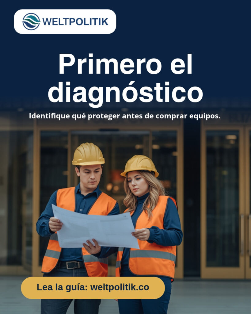 Dos profesionales con casco y chaleco revisan un plano frente a una portería: Weltpolitik, primero el diagnóstico