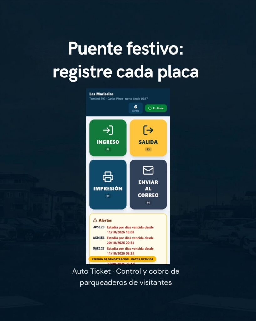 Pantalla de inicio de Auto Ticket con los botones Ingreso, Salida, Impresión y Enviar al correo